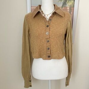 POL Ribbed Cropped Long Sleeve Button Down Top Small